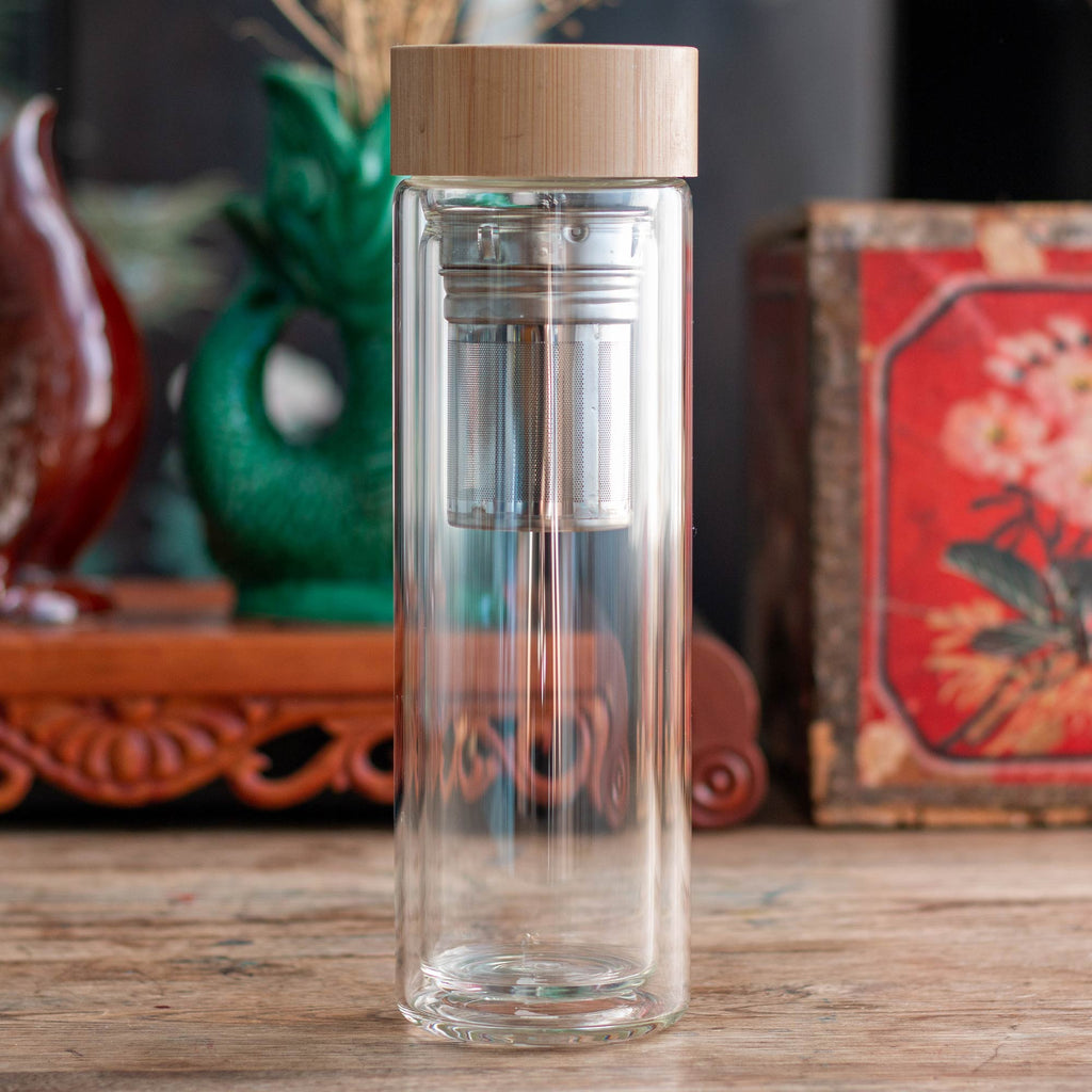 Glass Water Bottle with Tea Infuser and Bamboo Lid - World Tea Directory